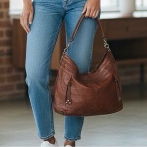 Marc NY Andrew Marc Brown Hobo Leather Shoulder Strap Zipped Pockets Purse Gen Z